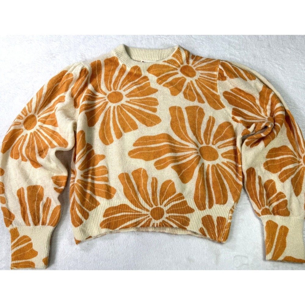 Marine Layer Alma Puff Sleeve Sweater Womens Large Orange Floral Alpaca Wool